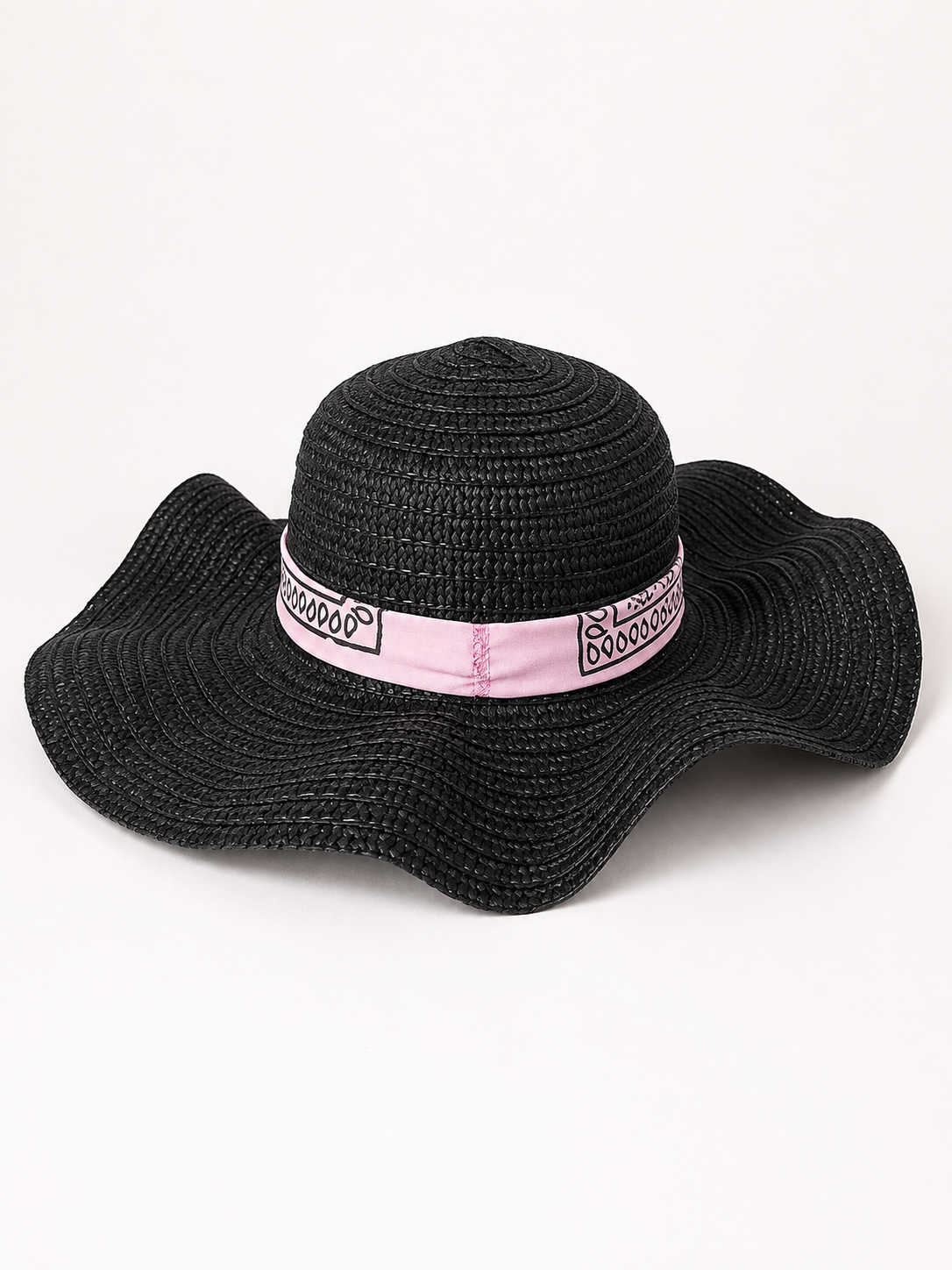 🖤 Handmade Summer Straw Hat – Black & Blush Pink Bandana Bow
