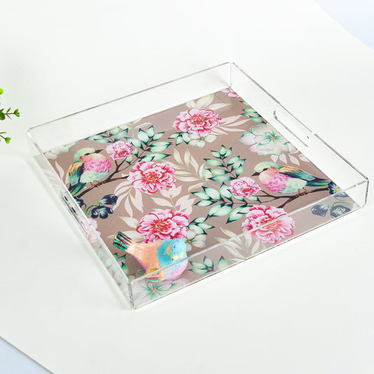 Bird & Flower Pink Blooms – Acrylic Tray (30x30 cm)