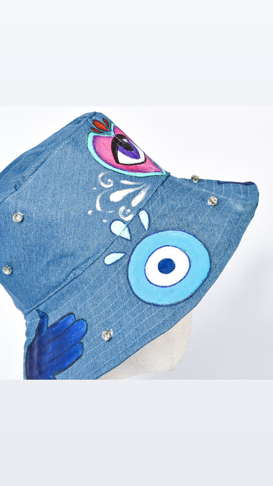 Painted Dark Blue Denim Fisherman Hat with Hearts & Eyes & Hands with Rhinestones