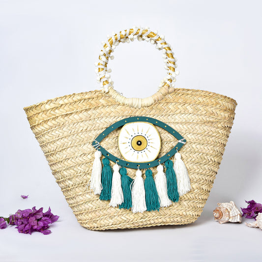 Straw Embellished Beach Bag with Teal Eye