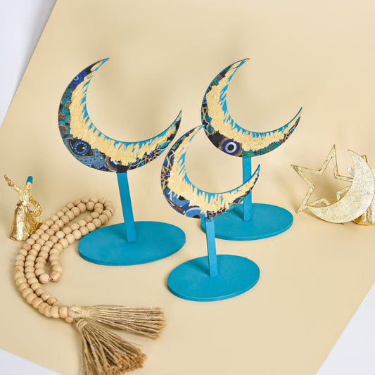 Turquoise & Gold Wooden Crescent – Set of Three