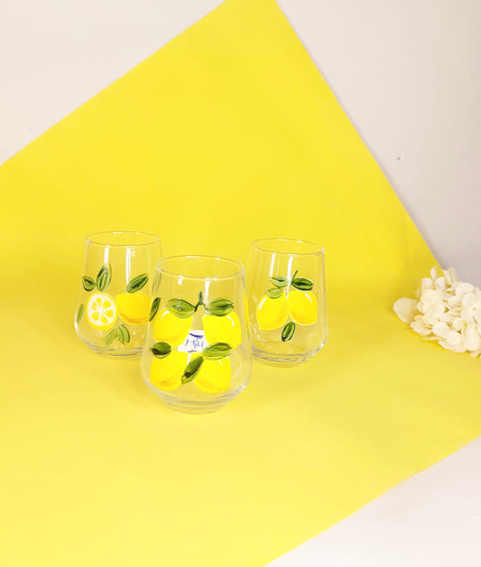 Fresh Lemons with Blue Water Cups Set of Six