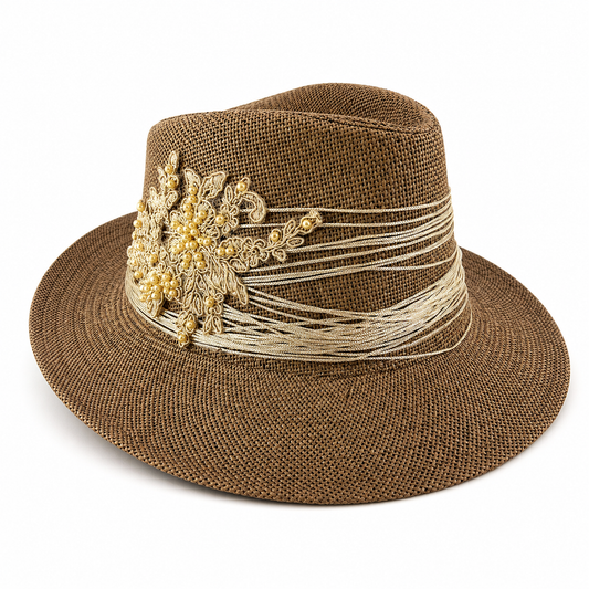 🌟 Handmade Brown Hat with Golden Embellishment