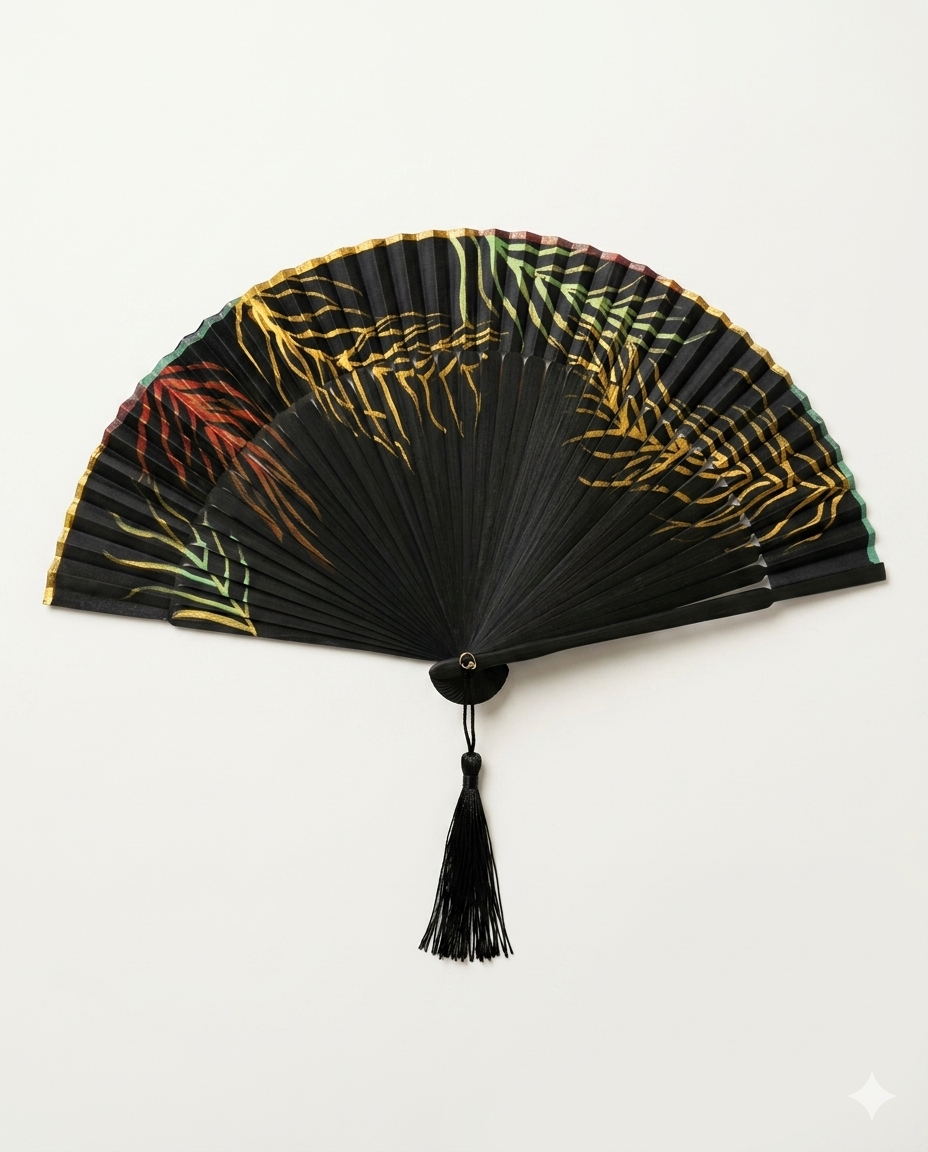Hand-Painted Fan – Rainbow & Gold Design