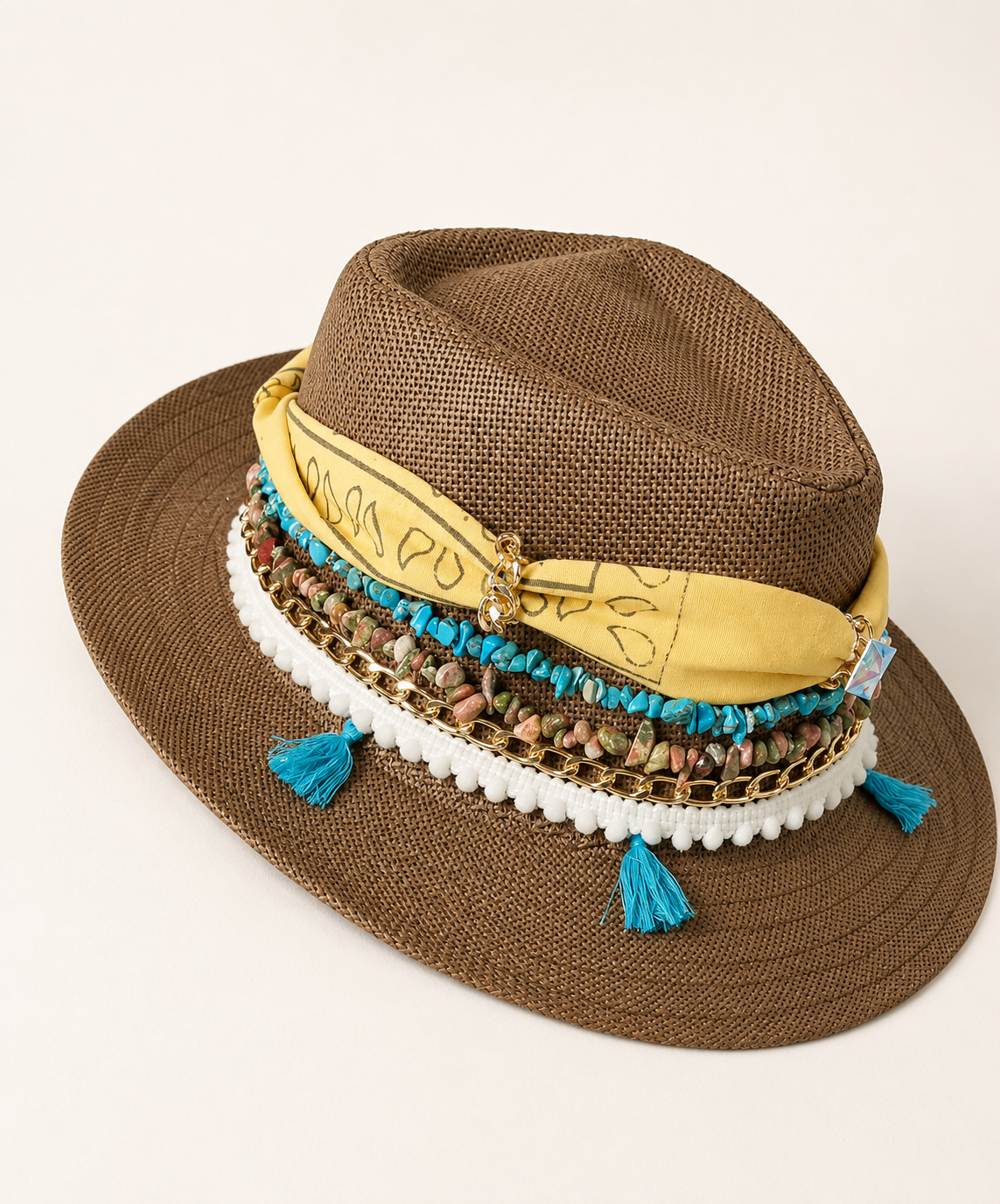 🌟 Handmade Brown Hat with Yellow Bandanna & Turquoise Embellishments
