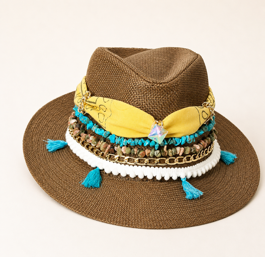 🌟 Handmade Brown Hat with Yellow Bandanna & Turquoise Embellishments