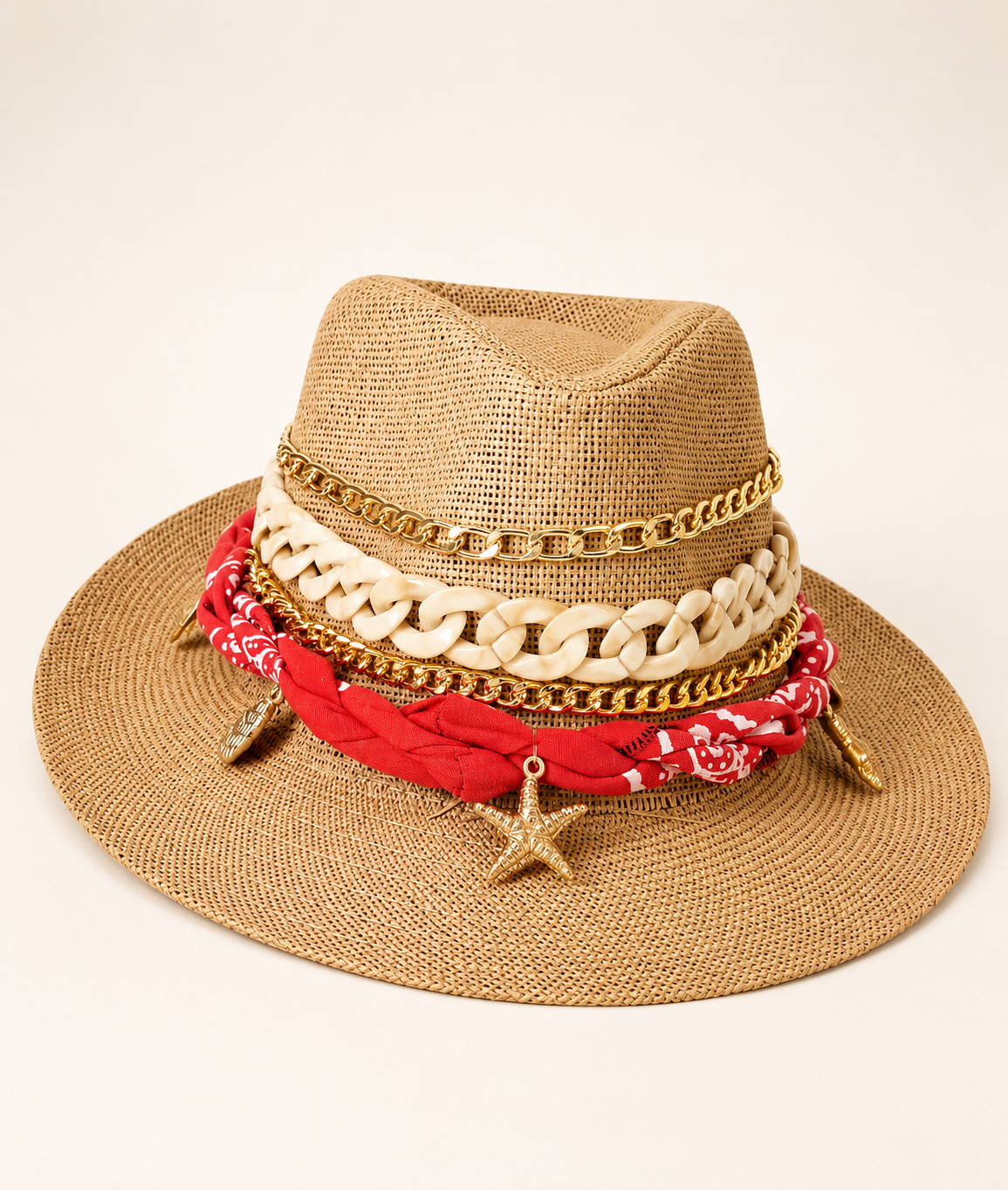 🌟 Handmade Beige Hat with Red Bandanna & Golden Charms
