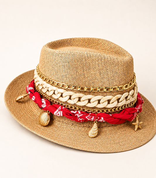 🌟 Handmade Beige Hat with Red Bandanna & Golden Charms