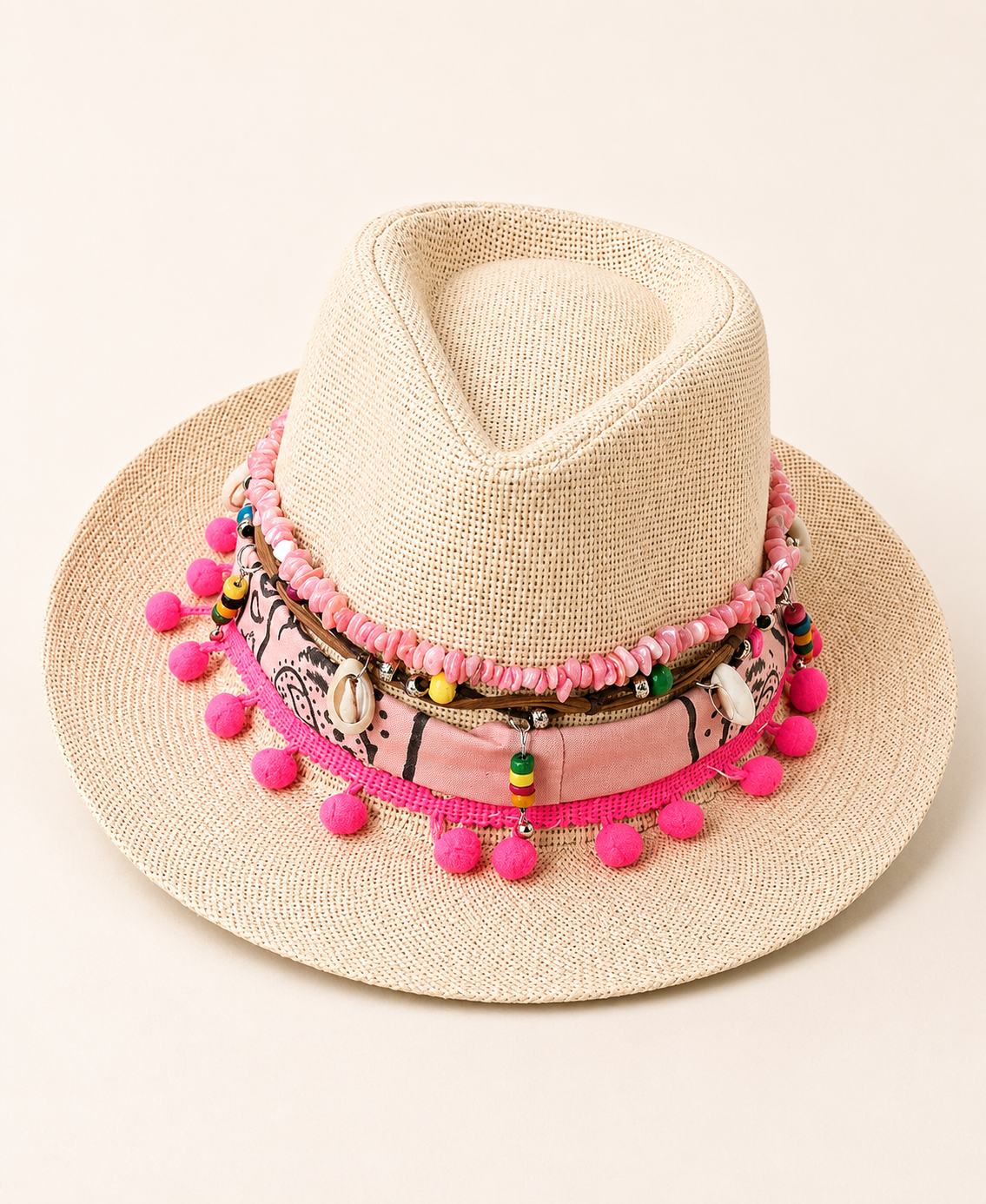 🌟 Handmade Beige Hat with Pink Bandana & Pom-Pom Details
