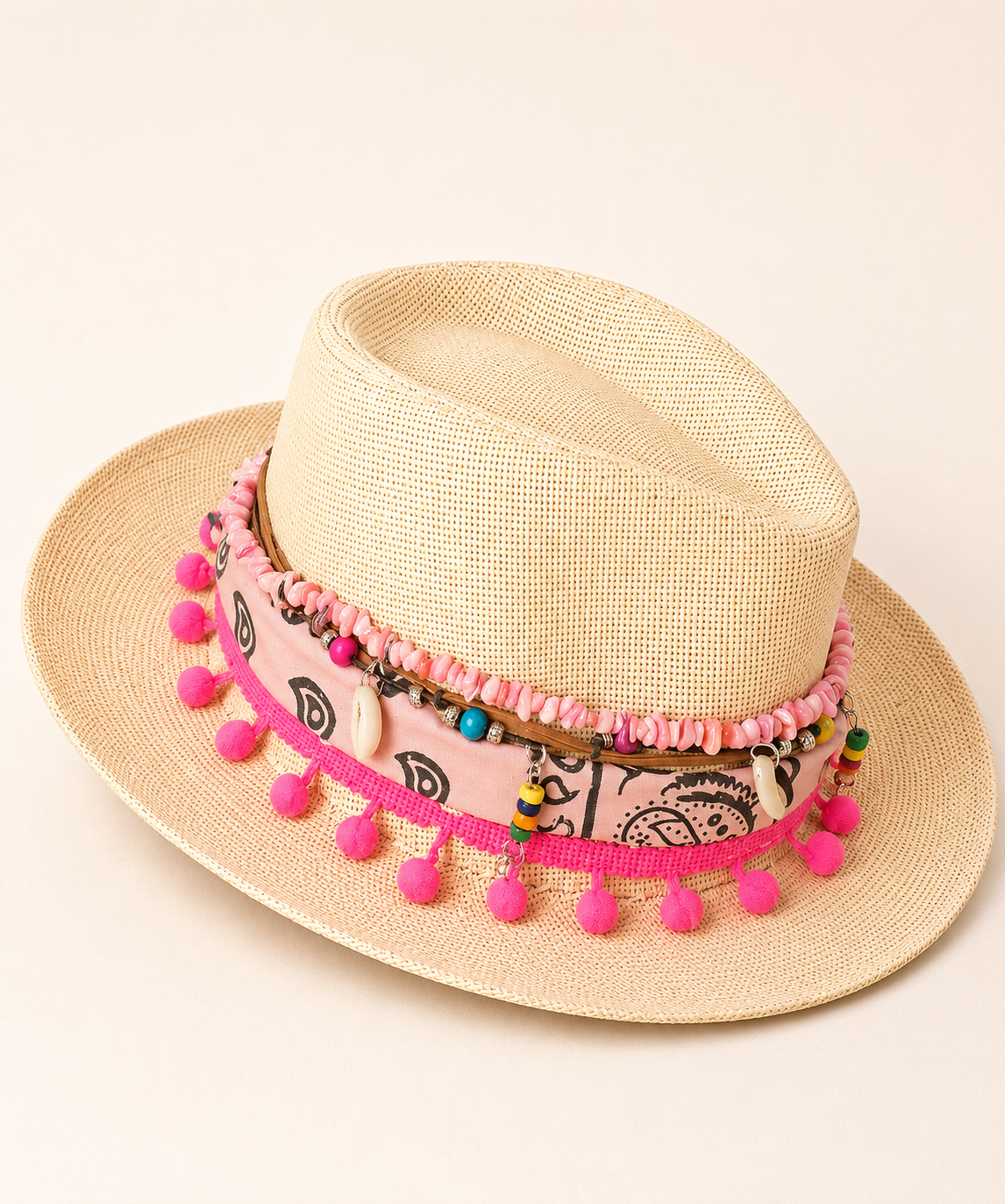 🌟 Handmade Beige Hat with Pink Bandana & Pom-Pom Details