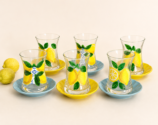 Fresh Lemons with Blue Tea Cups With Saucers Set of Six