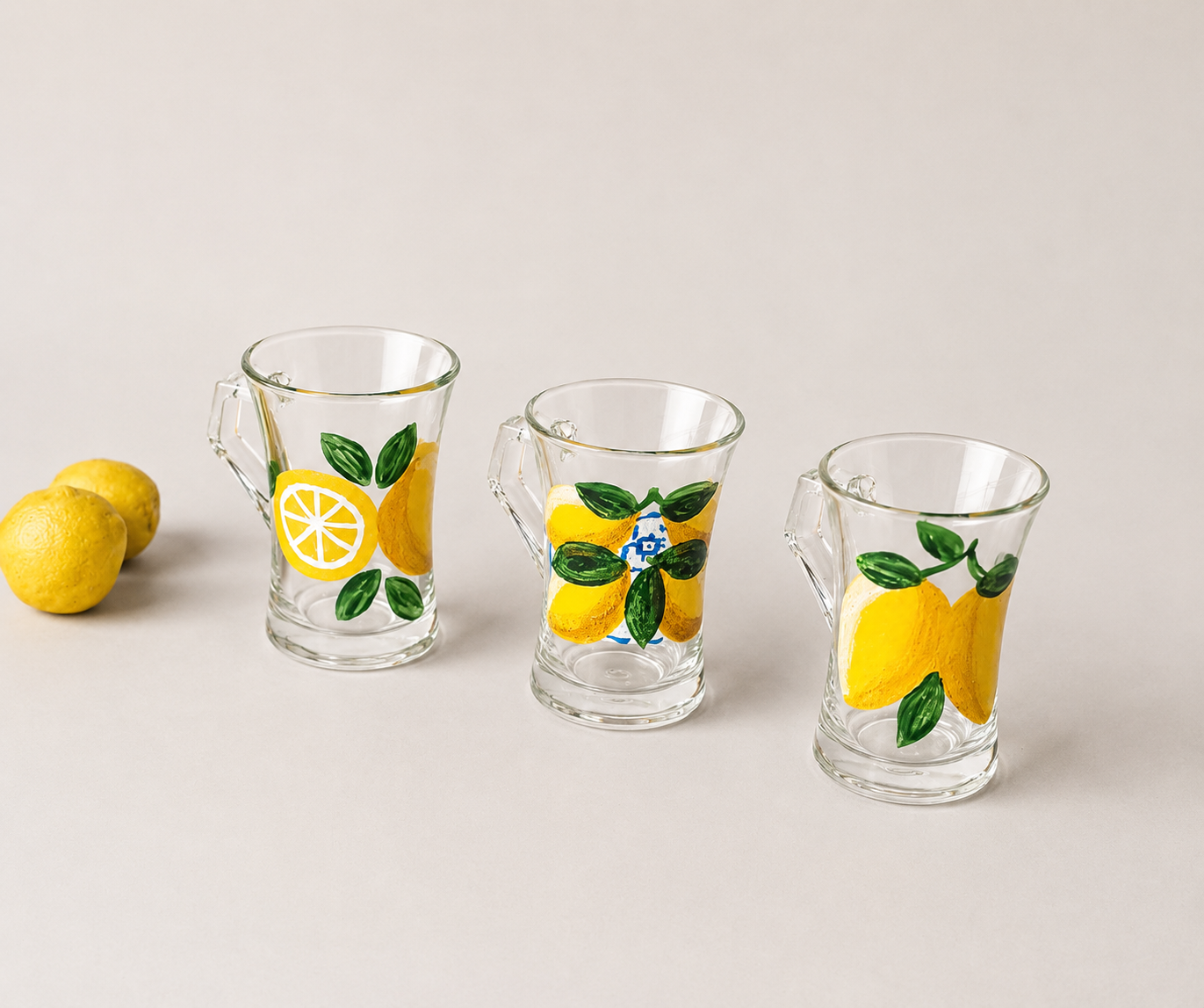 Fresh Lemones with Blue Tea Cups With Handles Set of Six