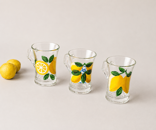 Fresh Lemones with Blue Tea Cups With Handles Set of Six