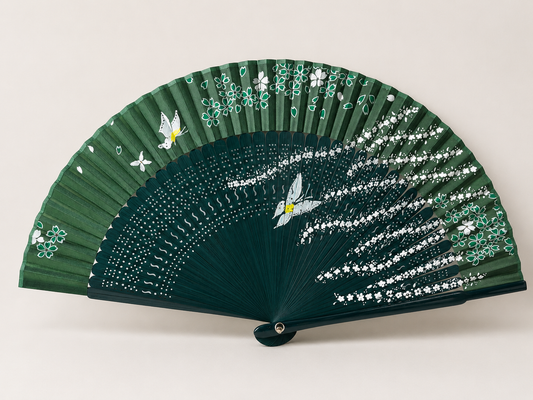 🌿 Hand-Painted Green Butterfly & Blossom Fan