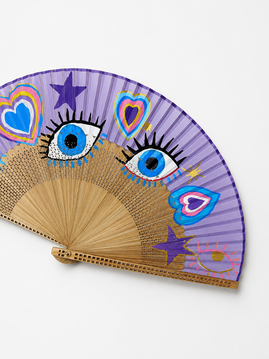 💜 Hand-Painted Evil Eye & Hearts Fan