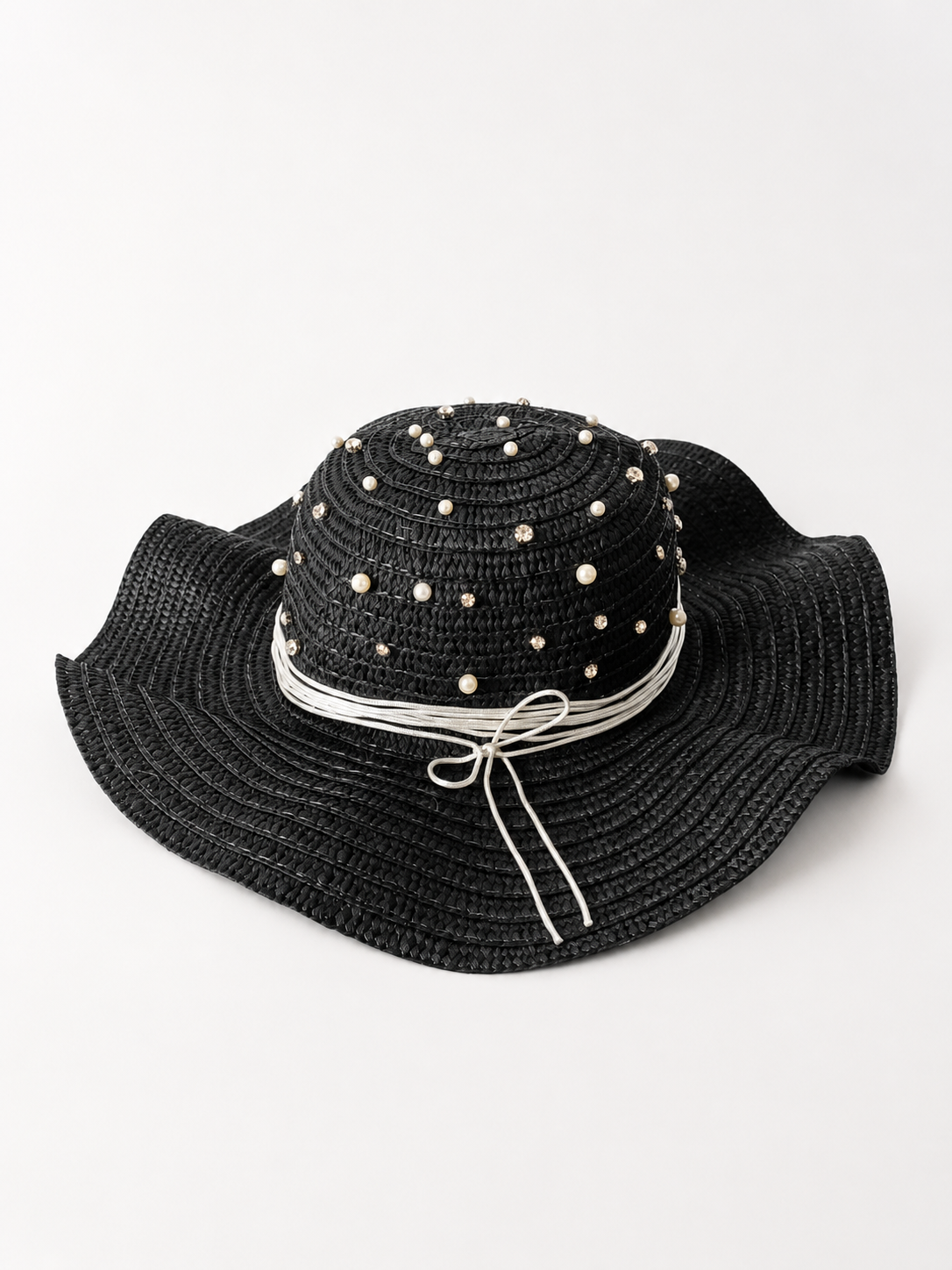 🖤 Handmade Black Sun Hat – Pearls & Crystal Details