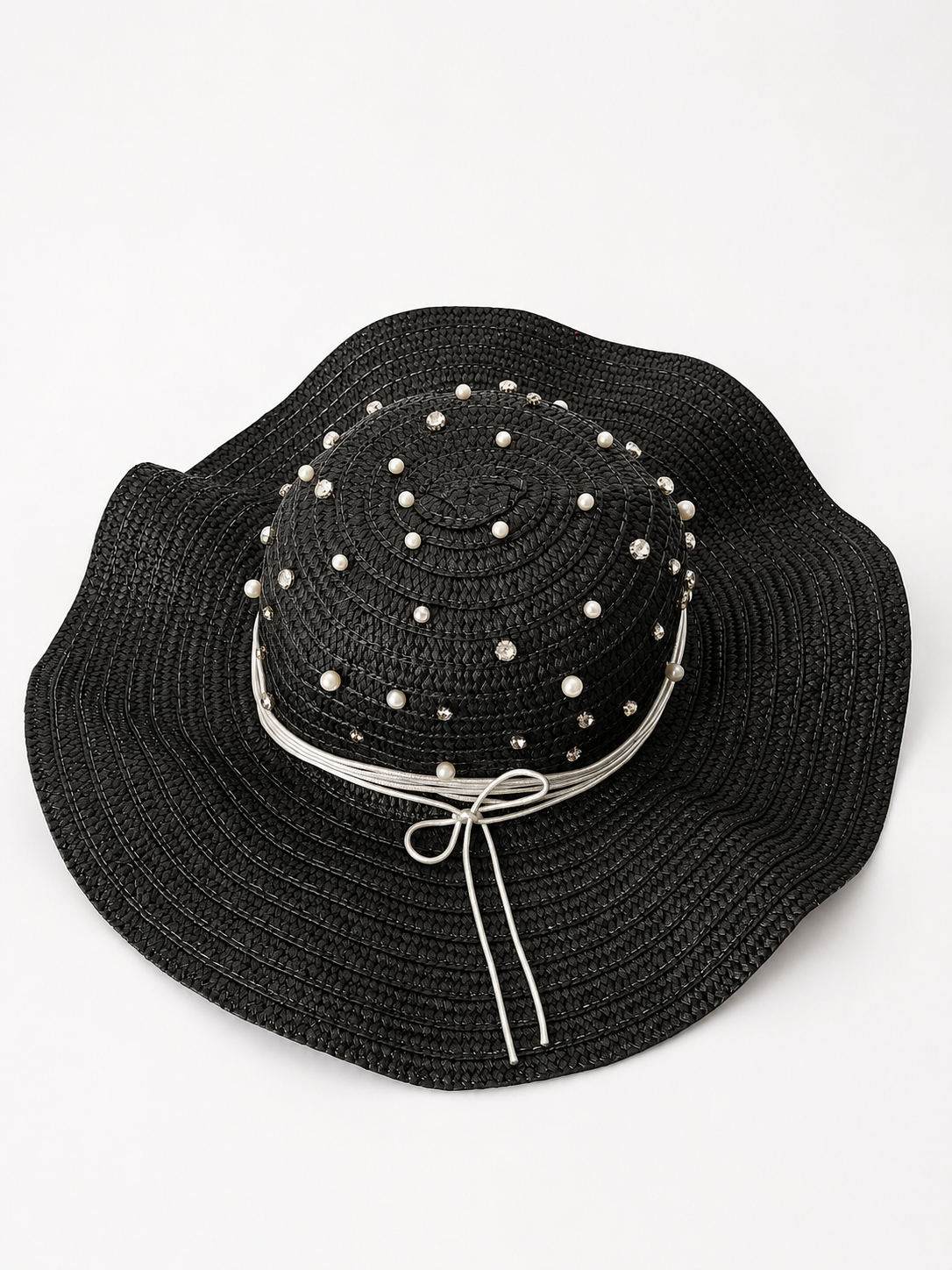 🖤 Handmade Black Sun Hat – Pearls & Crystal Details