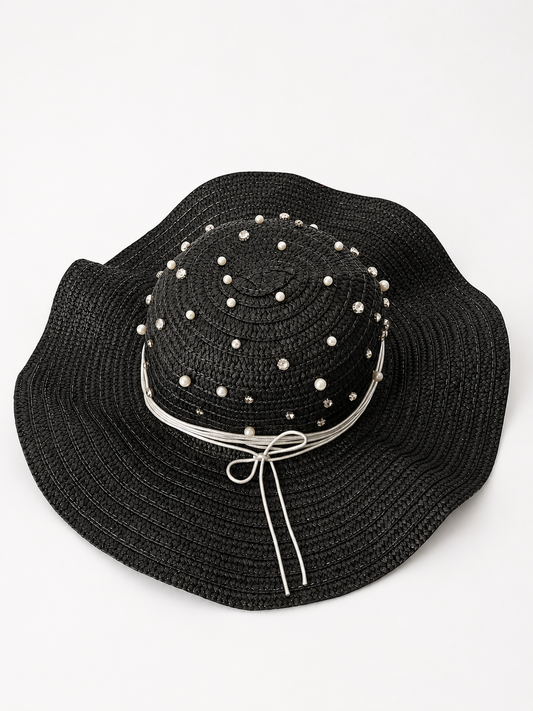 🖤 Handmade Black Sun Hat – Pearls & Crystal Details