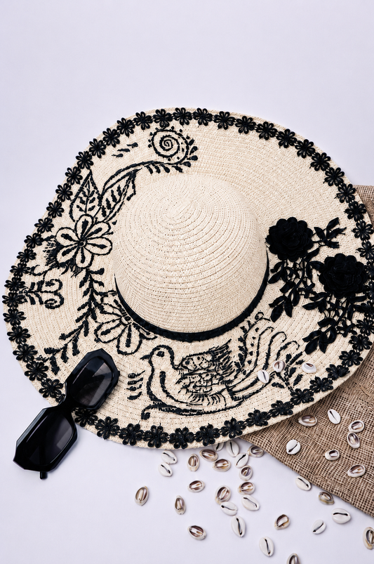 Big Straw with Off White Flowers and Black Lace Hat