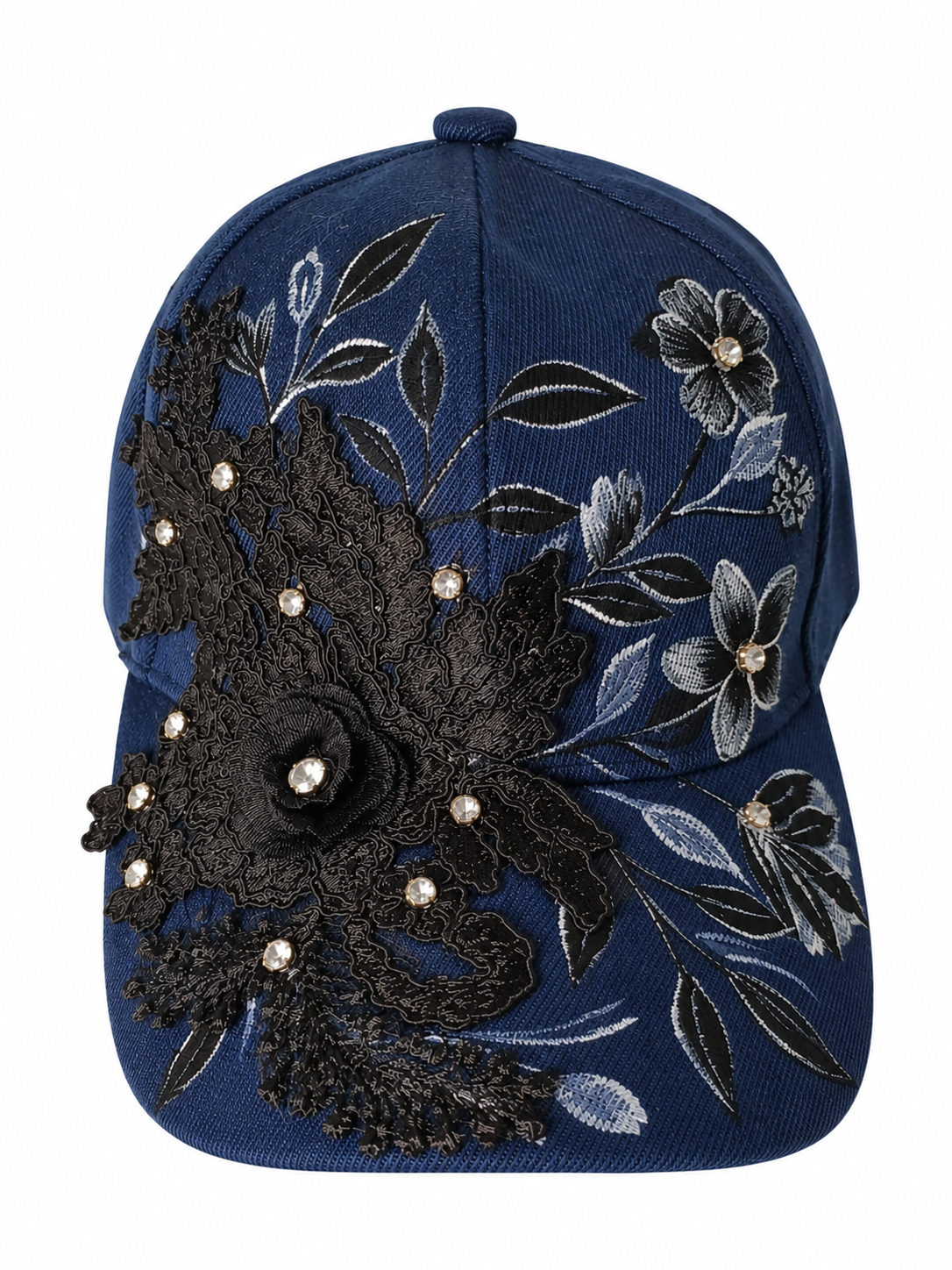 💙 Handmade Navy Cap – Black Floral & Crystal Embellishments