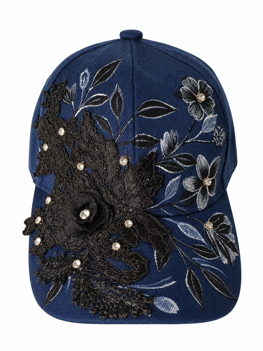 💙 Handmade Navy Cap – Black Floral & Crystal Embellishments