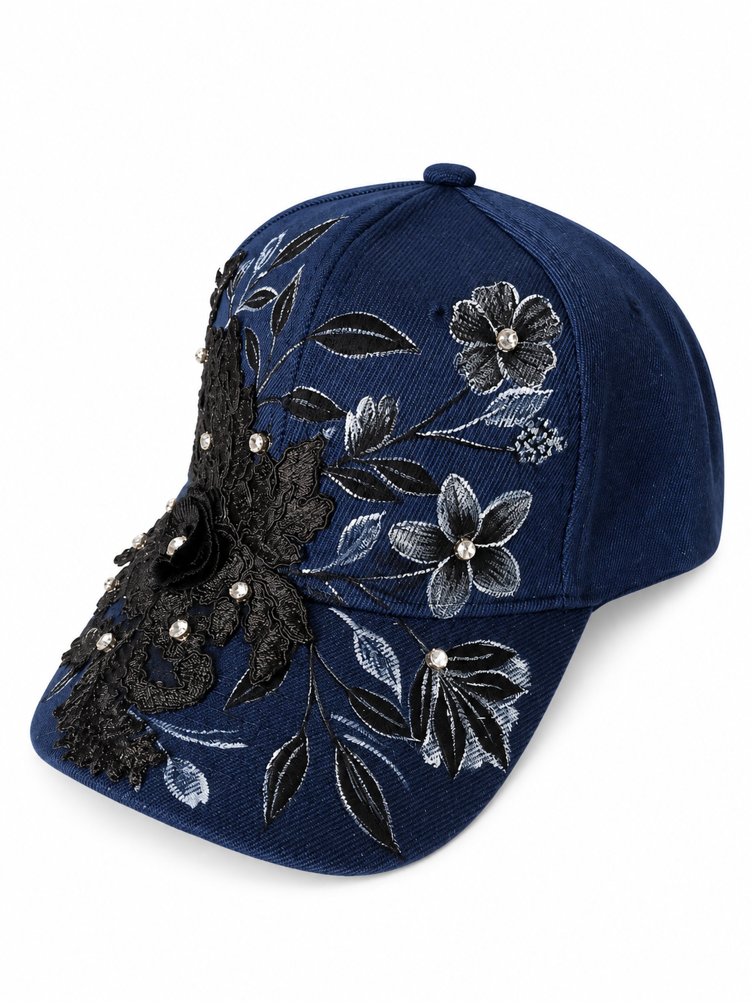 💙 Handmade Navy Cap – Black Floral & Crystal Embellishments
