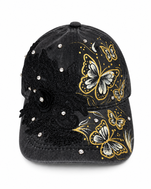 🦋 Handmade Black Cap – Butterflies & Black Lace