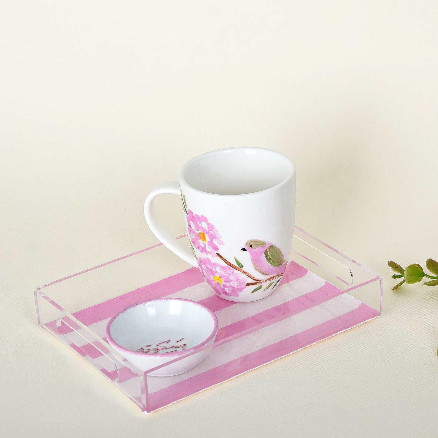 Pink Blossom Bird ƒ?? Motherƒ??s Day Hand-Painted Mug Gift Set with Plexi Tray (Sit El Habayeb)