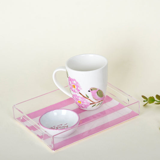 Pink Blossom Bird ƒ?? Motherƒ??s Day Hand-Painted Mug Gift Set with Plexi Tray (Sit El Habayeb)