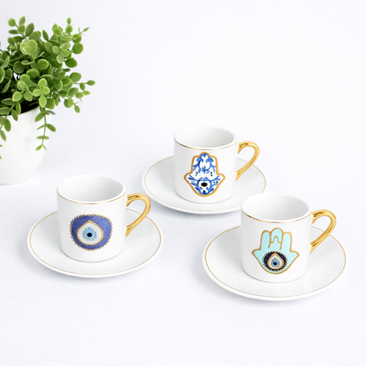 Blue Fatima Hands & Eyes Turkish Coffee Cups Set of Six