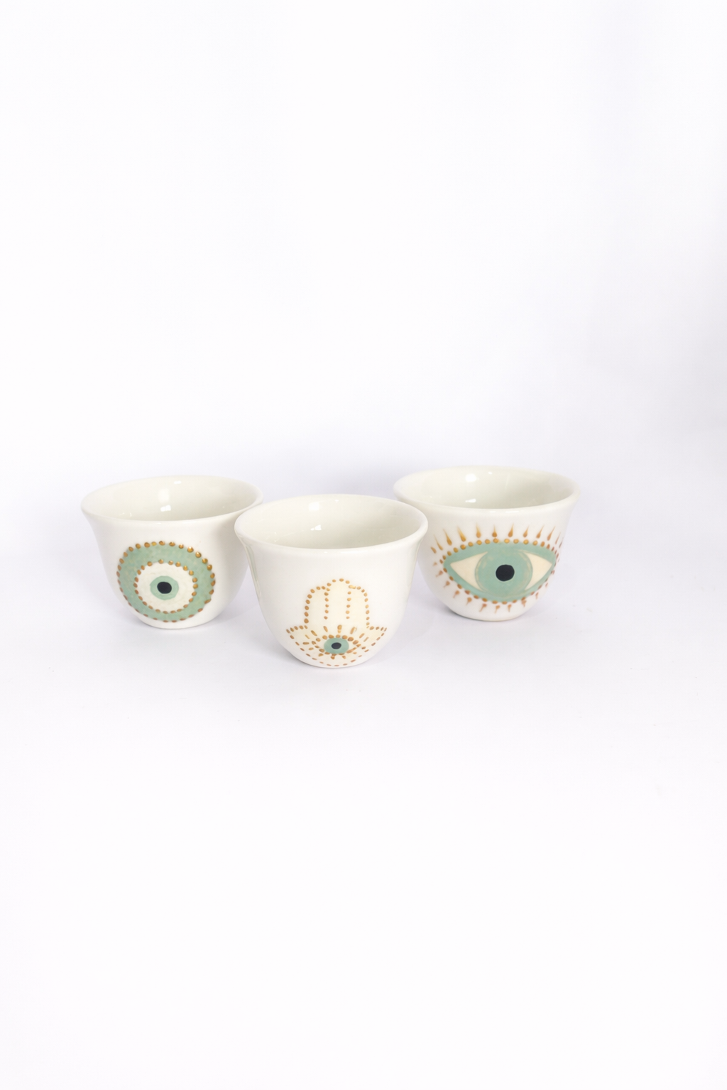 Pistachio Fatima Hands and Blue Eyes Arabic Coffee Cups set of six