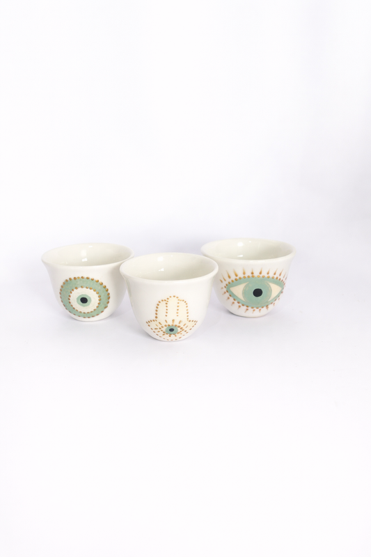 Pistachio Fatima Hands and Blue Eyes Arabic Coffee Cups set of six