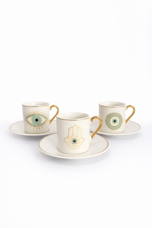 Pistachio Fatima Hands and Blue Eyes Turkish Coffee Cups with Saucers Set of Six