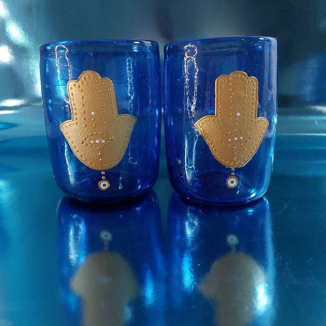 Blue Blown Glass Fatima Hand Water Cups