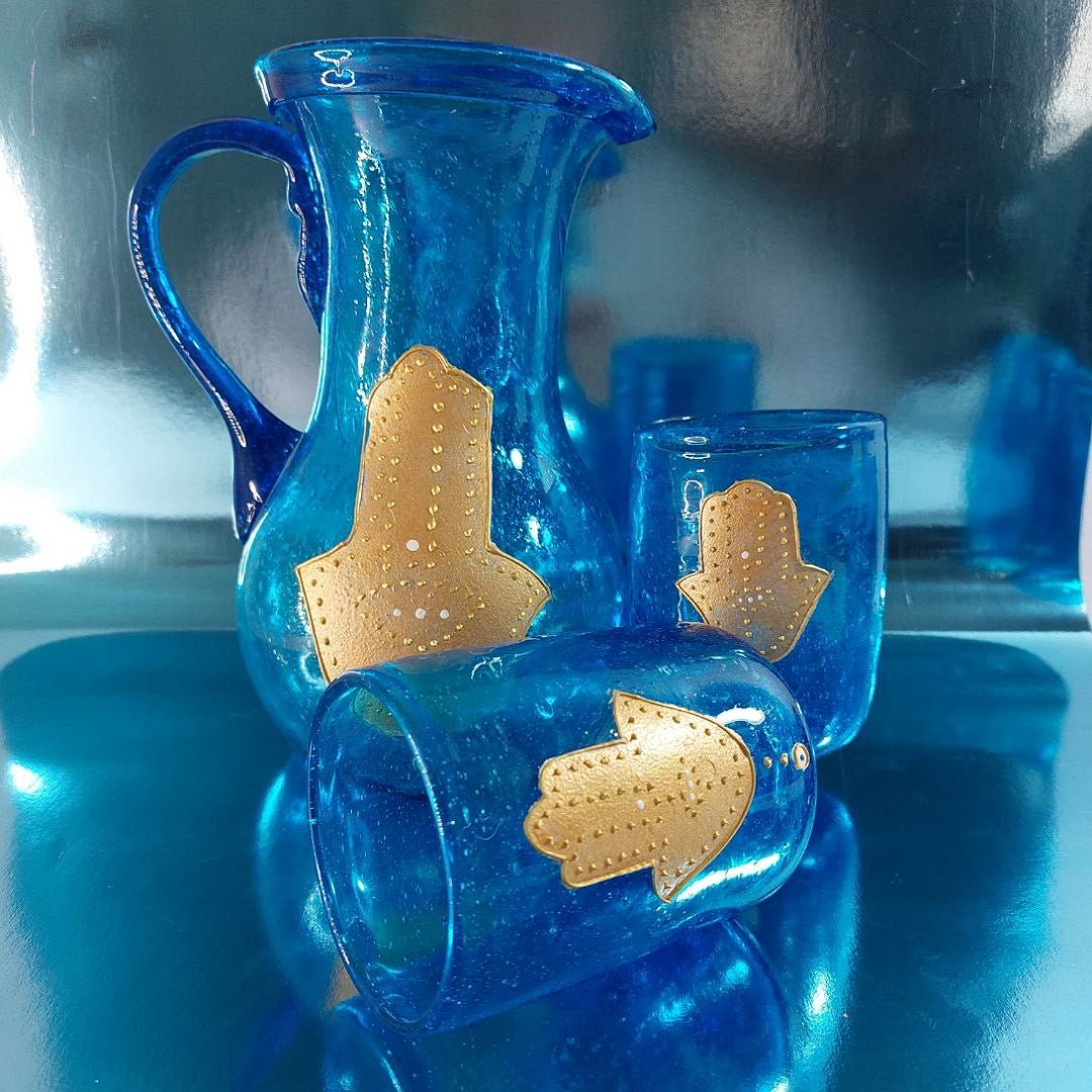 Turquoise Blown Glass Fatima Hand Water Jug