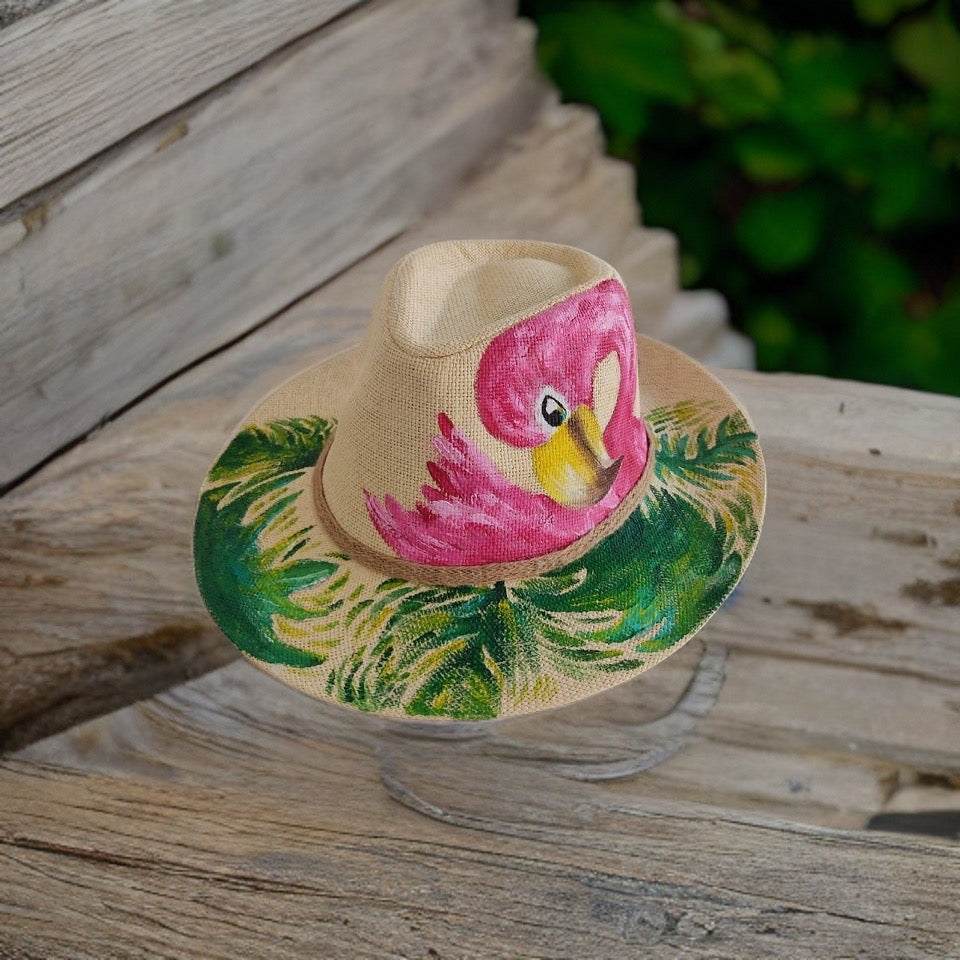 Pink Flamingo Hand Painted Summer Hat