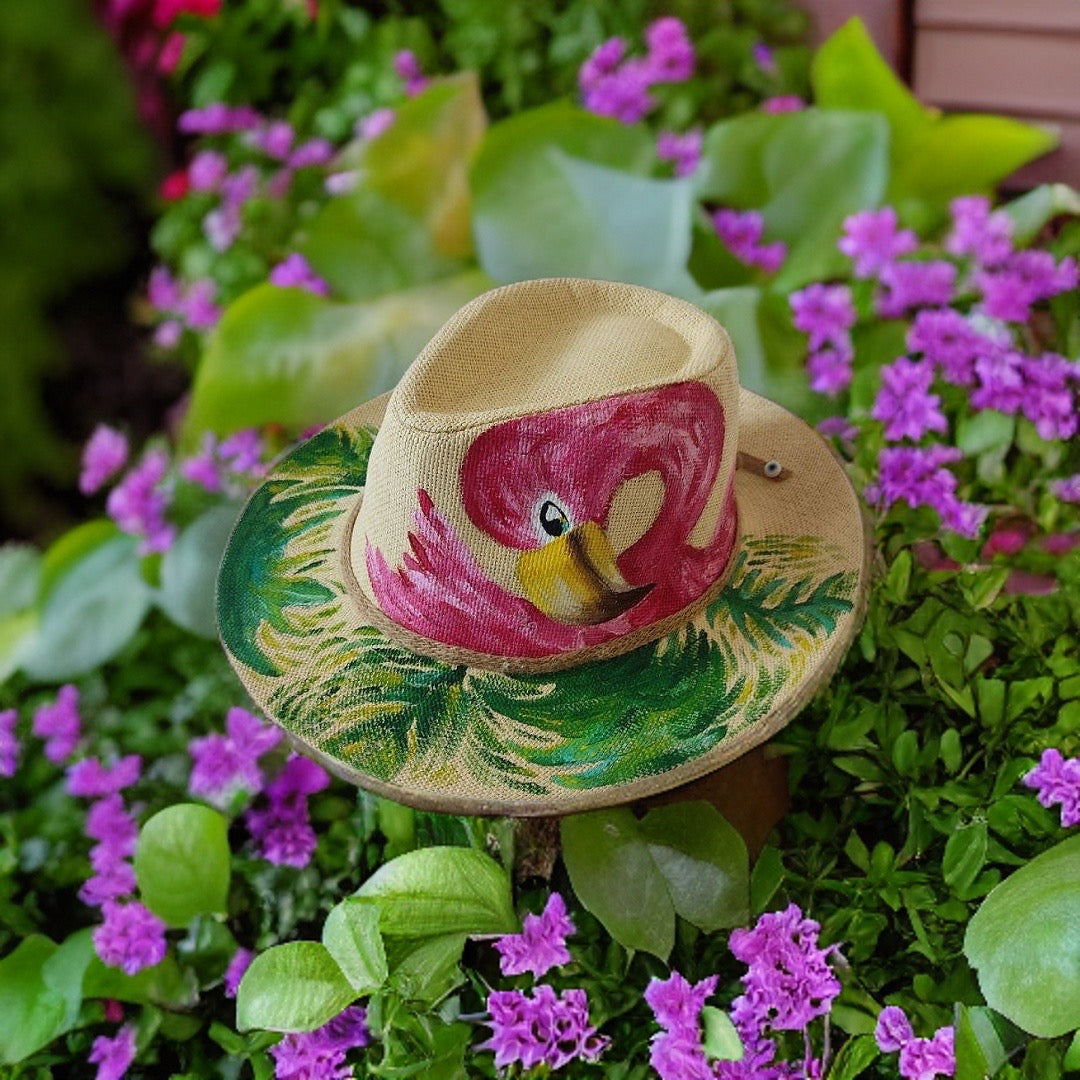 Pink Flamingo Hand Painted Summer Hat