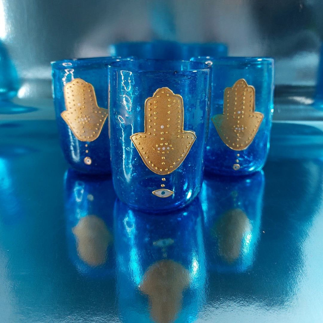 Turquoise Blown Glass Fatima Hand Water Cups