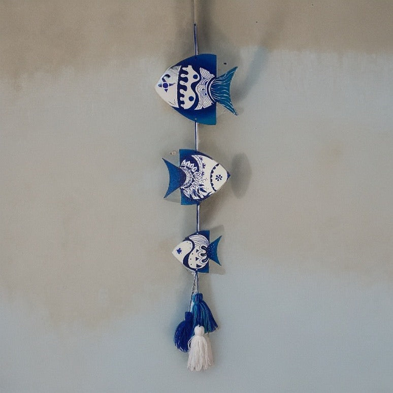 Hand Painted Wall Decor Blue Fish Set of Three