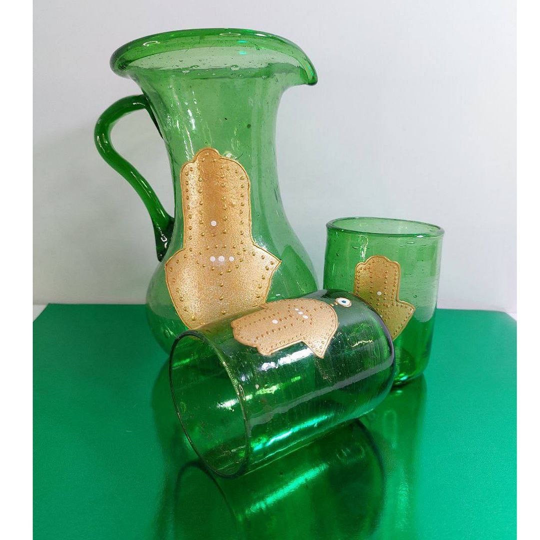 Green Blown Glass Fatima Hand Water Jug