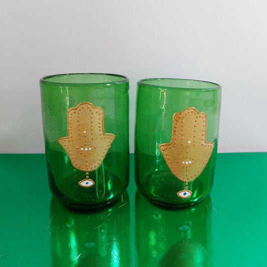 Green Blown Glass Fatima Hand Water Cups
